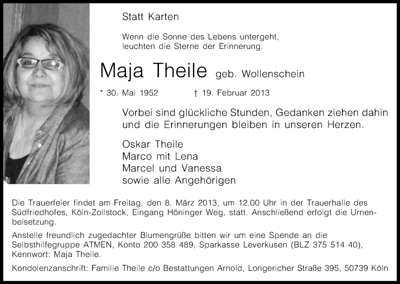  Traueranzeige für Maja Theile vom 23.02.2013 aus Kölner Stadt-Anzeiger / Kölnische Rundschau / Express