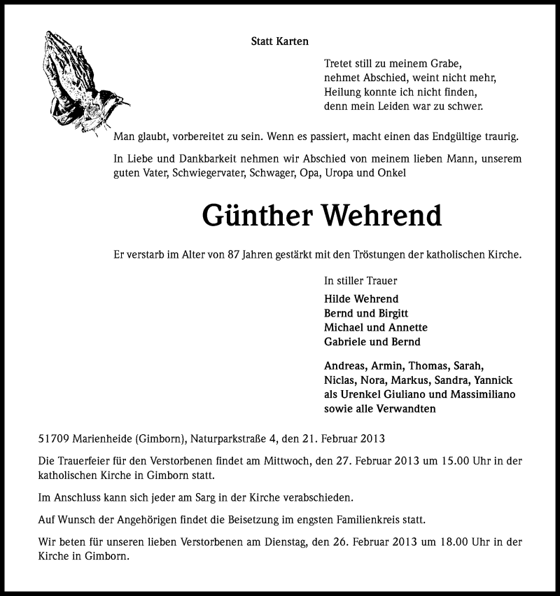  Traueranzeige für Günther Wehrend vom 23.02.2013 aus Kölner Stadt-Anzeiger / Kölnische Rundschau / Express