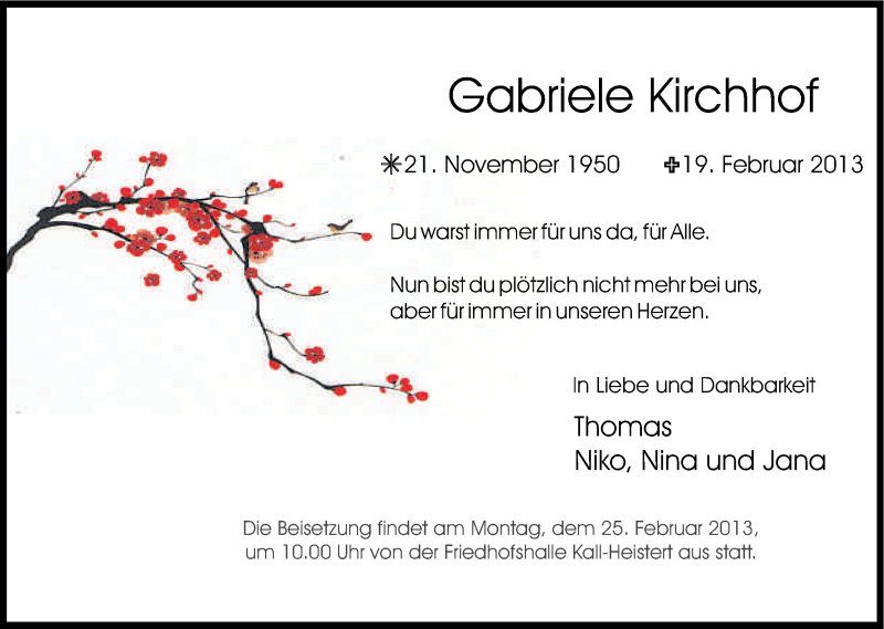  Traueranzeige für Gabriele Kirchhof vom 23.02.2013 aus Kölner Stadt-Anzeiger / Kölnische Rundschau / Express