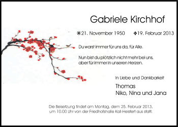 Anzeige von Gabriele Kirchhof von Kölner Stadt-Anzeiger / Kölnische Rundschau / Express