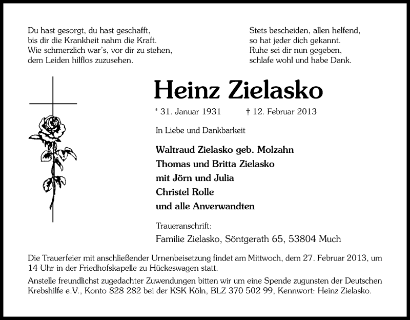  Traueranzeige für Heinz Zielasko vom 23.02.2013 aus Kölner Stadt-Anzeiger / Kölnische Rundschau / Express