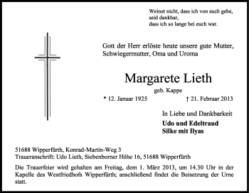 Anzeige von Margarete Lieth von Kölner Stadt-Anzeiger / Kölnische Rundschau / Express