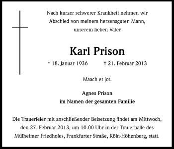 Anzeige von Karl Prison von Kölner Stadt-Anzeiger / Kölnische Rundschau / Express