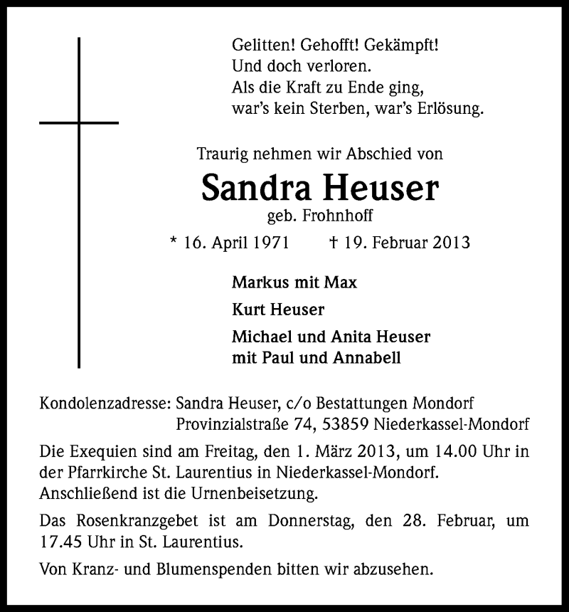  Traueranzeige für Sandra Heuser vom 23.02.2013 aus Kölner Stadt-Anzeiger / Kölnische Rundschau / Express