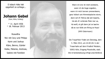 Anzeige von Johann Gebel von Kölner Stadt-Anzeiger / Kölnische Rundschau / Express
