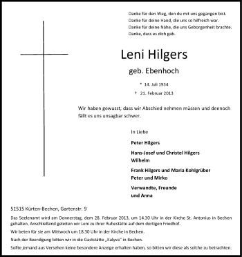 Anzeige von Leni Hilgers von Kölner Stadt-Anzeiger / Kölnische Rundschau / Express