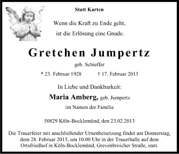 Anzeige von Gretchen Jumpertz von Kölner Stadt-Anzeiger / Kölnische Rundschau / Express