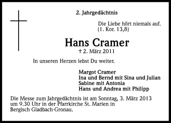 Anzeige von Hans Cramer von Kölner Stadt-Anzeiger / Kölnische Rundschau / Express