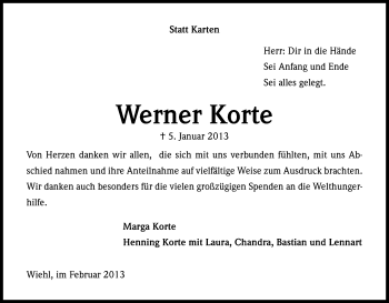 Anzeige von Werner Korte von Kölner Stadt-Anzeiger / Kölnische Rundschau / Express