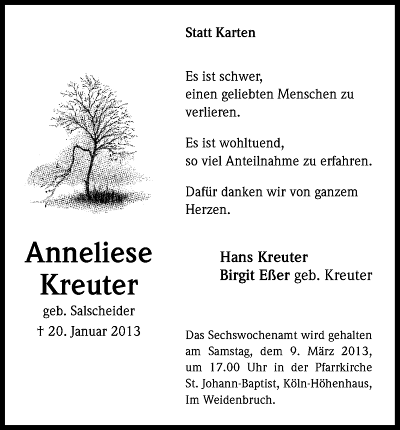  Traueranzeige für Anneliese Kreuter vom 23.02.2013 aus Kölner Stadt-Anzeiger / Kölnische Rundschau / Express