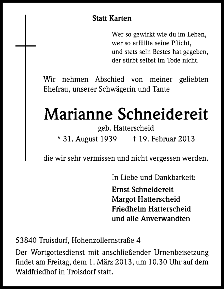  Traueranzeige für Marianne Schneidereit vom 23.02.2013 aus Kölner Stadt-Anzeiger / Kölnische Rundschau / Express