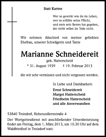 Anzeige von Marianne Schneidereit von Kölner Stadt-Anzeiger / Kölnische Rundschau / Express