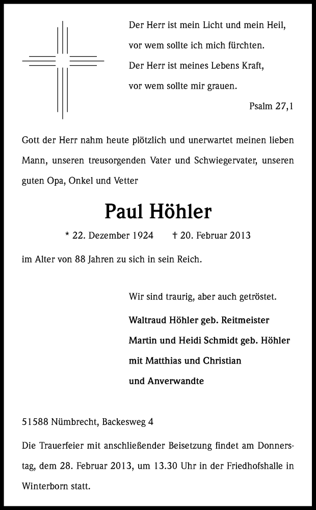  Traueranzeige für Paul Höhler vom 25.02.2013 aus Kölner Stadt-Anzeiger / Kölnische Rundschau / Express