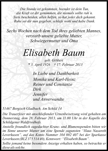 Anzeige von Elisabeth Baum von Kölner Stadt-Anzeiger / Kölnische Rundschau / Express