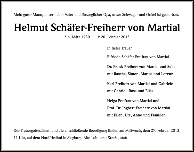 Traueranzeige für Helmut Schäfer-Freiher von Martial vom 23.02.2013 aus Kölner Stadt-Anzeiger / Kölnische Rundschau / Express