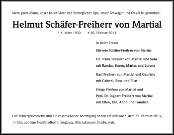 Anzeige von Helmut Schäfer-Freiher von Martial von Kölner Stadt-Anzeiger / Kölnische Rundschau / Express