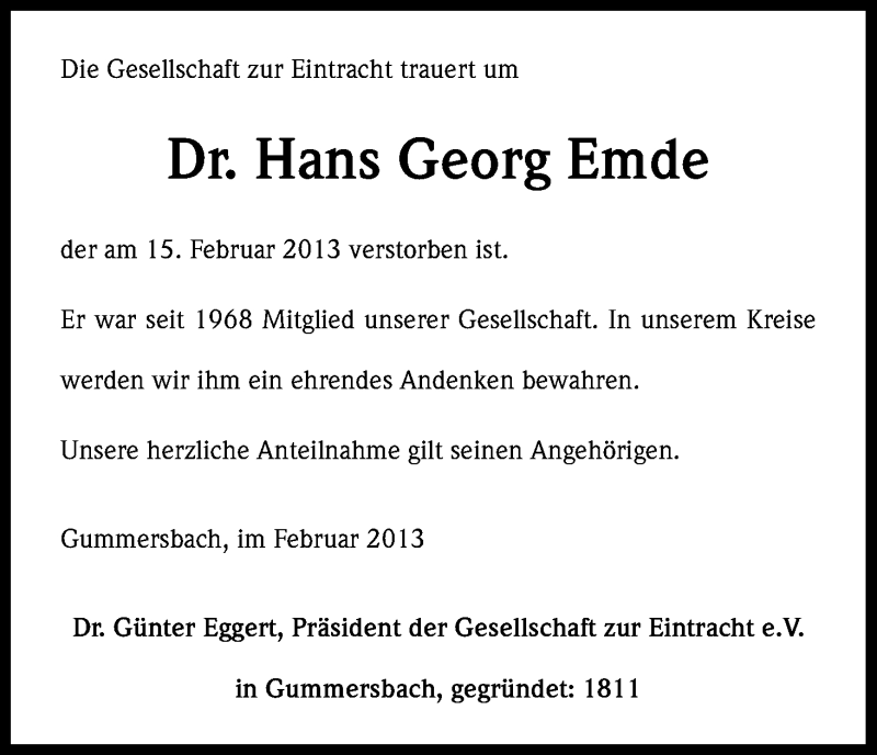  Traueranzeige für Hans Georg Emde vom 25.02.2013 aus Kölner Stadt-Anzeiger / Kölnische Rundschau / Express