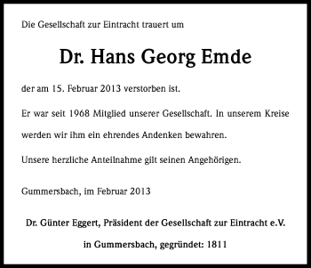Anzeige von Hans Georg Emde von Kölner Stadt-Anzeiger / Kölnische Rundschau / Express