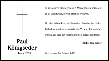 Anzeige von Paul Königseder von Kölner Stadt-Anzeiger / Kölnische Rundschau / Express