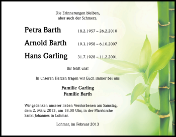 Anzeige von Petra Hans und Arnold Garling und Barth von Kölner Stadt-Anzeiger / Kölnische Rundschau / Express