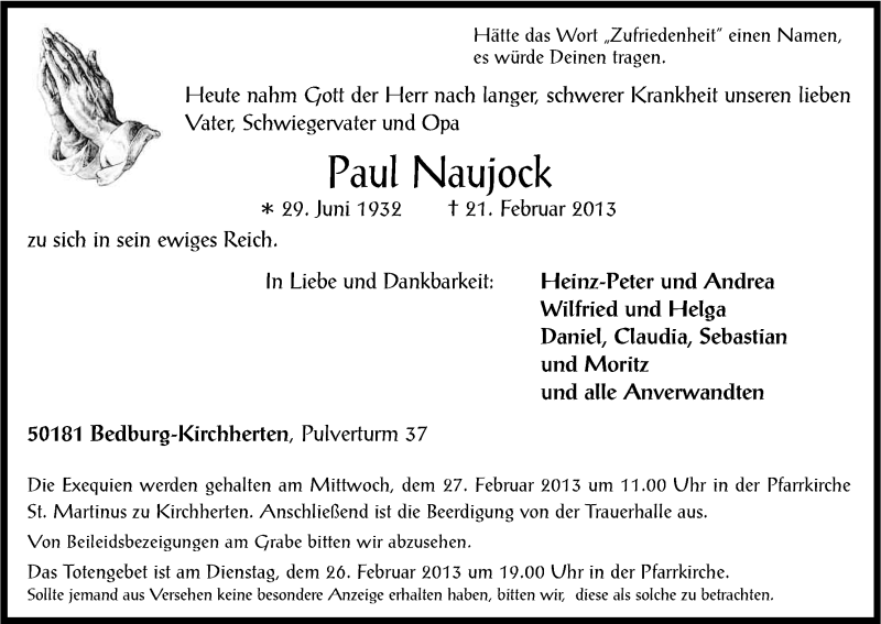  Traueranzeige für Paul Naujock vom 23.02.2013 aus Kölner Stadt-Anzeiger / Kölnische Rundschau / Express