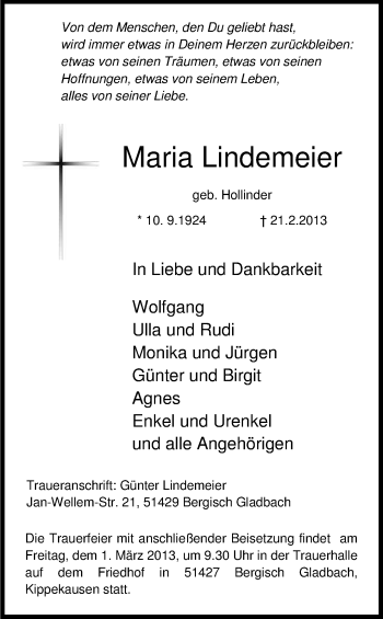 Anzeige von Maria Lindemeier von Kölner Stadt-Anzeiger / Kölnische Rundschau / Express