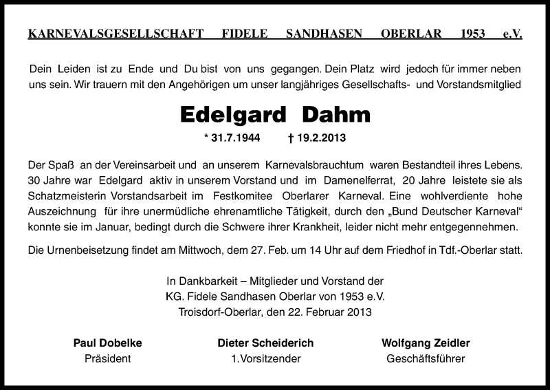  Traueranzeige für Edelgard Dahm vom 23.02.2013 aus Kölner Stadt-Anzeiger / Kölnische Rundschau / Express