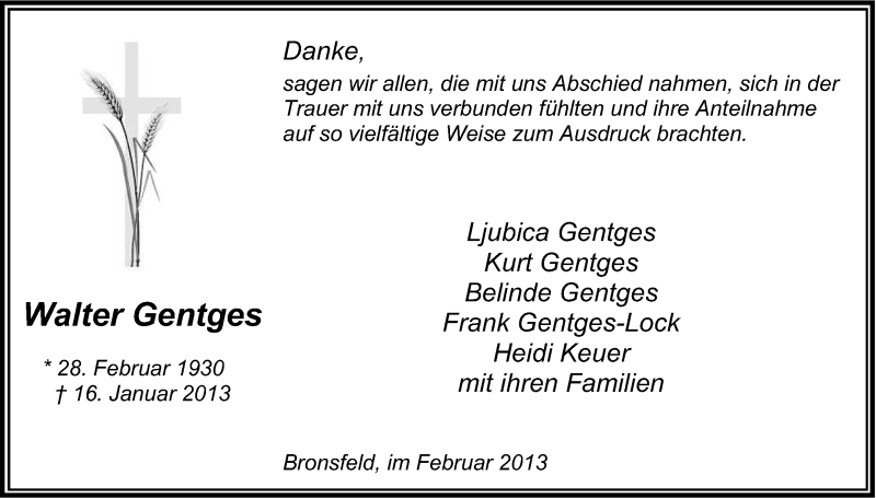  Traueranzeige für Walter Gentges vom 23.02.2013 aus Kölner Stadt-Anzeiger / Kölnische Rundschau / Express