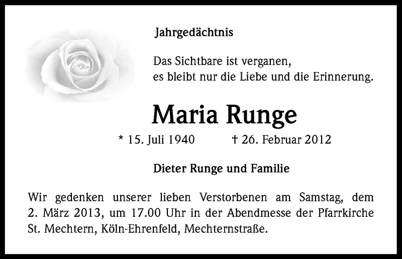  Traueranzeige für Maria Runge vom 27.02.2013 aus Kölner Stadt-Anzeiger / Kölnische Rundschau / Express