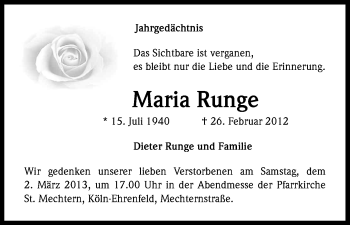 Anzeige von Maria Runge von Kölner Stadt-Anzeiger / Kölnische Rundschau / Express