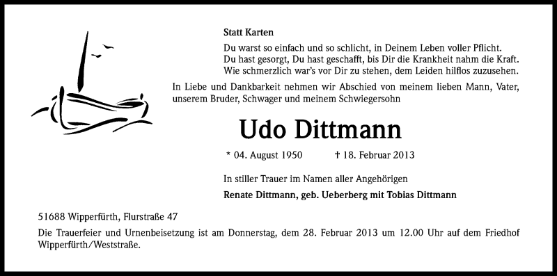  Traueranzeige für Udo Dittmann vom 25.02.2013 aus Kölner Stadt-Anzeiger / Kölnische Rundschau / Express