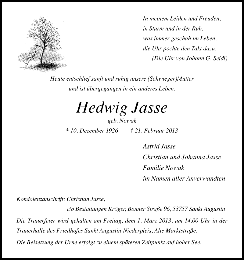  Traueranzeige für Hedwig Jasse vom 23.02.2013 aus Kölner Stadt-Anzeiger / Kölnische Rundschau / Express