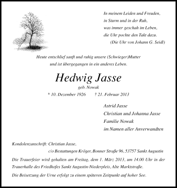 Anzeige von Hedwig Jasse von Kölner Stadt-Anzeiger / Kölnische Rundschau / Express