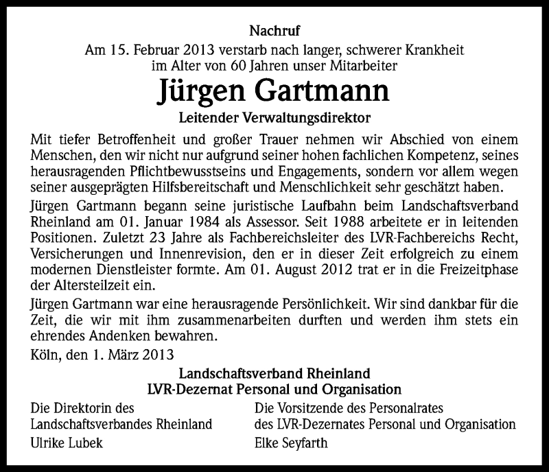  Traueranzeige für Jürgen Gartmann vom 02.03.2013 aus Kölner Stadt-Anzeiger / Kölnische Rundschau / Express