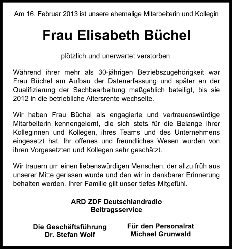  Traueranzeige für Elisabeth Büchel vom 25.02.2013 aus Kölner Stadt-Anzeiger / Kölnische Rundschau / Express