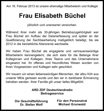 Anzeige von Elisabeth Büchel von Kölner Stadt-Anzeiger / Kölnische Rundschau / Express