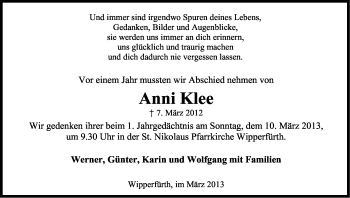 Anzeige von Anni Klee von Kölner Stadt-Anzeiger / Kölnische Rundschau / Express