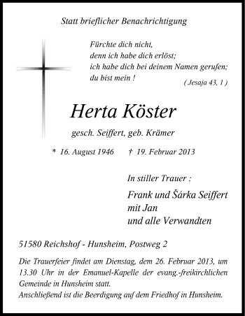 Anzeige von Hertha Köster von Kölner Stadt-Anzeiger / Kölnische Rundschau / Express