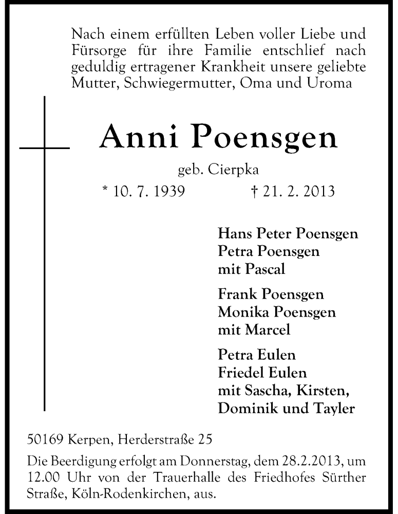  Traueranzeige für Anni Poensgen vom 25.02.2013 aus Kölner Stadt-Anzeiger / Kölnische Rundschau / Express