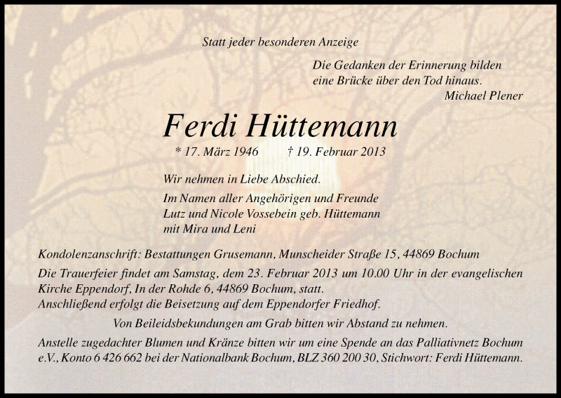  Traueranzeige für Ferdi Hüttemann vom 23.02.2013 aus Kölner Stadt-Anzeiger / Kölnische Rundschau / Express
