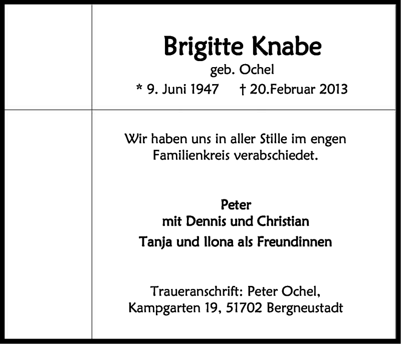  Traueranzeige für Brigitte Knabe vom 02.03.2013 aus Kölner Stadt-Anzeiger / Kölnische Rundschau / Express