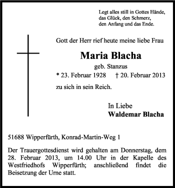 Anzeige von Maria Blacha von Kölner Stadt-Anzeiger / Kölnische Rundschau / Express
