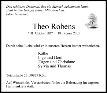 Anzeige von Theo Robens von Kölner Stadt-Anzeiger / Kölnische Rundschau / Express
