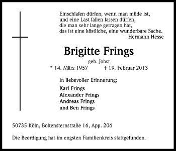 Anzeige von Brigitte Frings von Kölner Stadt-Anzeiger / Kölnische Rundschau / Express