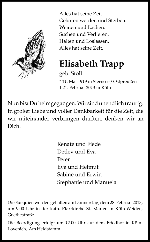  Traueranzeige für Elisabeth Trapp vom 25.02.2013 aus Kölner Stadt-Anzeiger / Kölnische Rundschau / Express