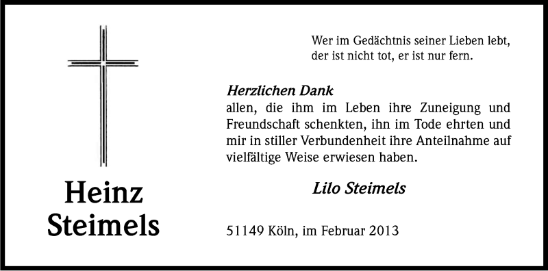  Traueranzeige für Heinz Steimels vom 25.02.2013 aus Kölner Stadt-Anzeiger / Kölnische Rundschau / Express