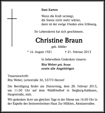 Anzeige von Christine Braun von Kölner Stadt-Anzeiger / Kölnische Rundschau / Express