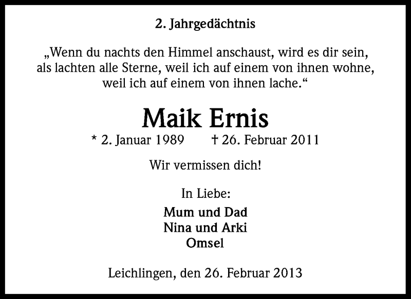  Traueranzeige für Maik Ernis vom 26.02.2013 aus Kölner Stadt-Anzeiger / Kölnische Rundschau / Express