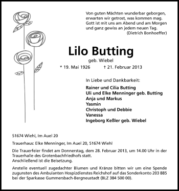 Anzeige von Lilo Butting von Kölner Stadt-Anzeiger / Kölnische Rundschau / Express