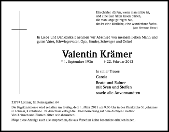 Anzeige von Valentin Krämer von Kölner Stadt-Anzeiger / Kölnische Rundschau / Express